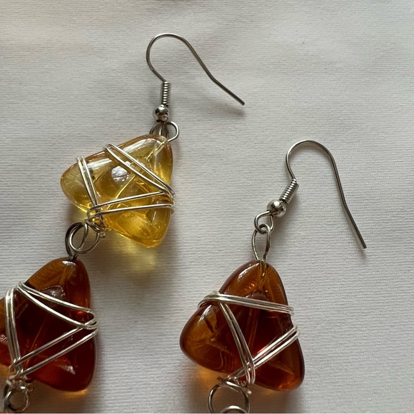 Honey Amber Lemon Color Lucite Resin Geometric Artisan Wrapped Dangle Earrings - Picture 7 of 8